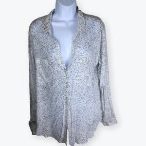 Cloth & Stone Womens White Black Spotted V-neck Blouse L